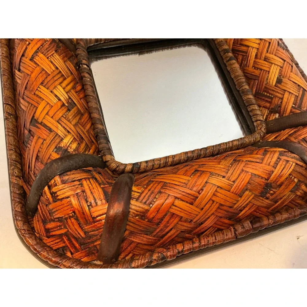 Vintage Woven Rattan Bamboo Square Wall Mirror Boho Decor 10in Small